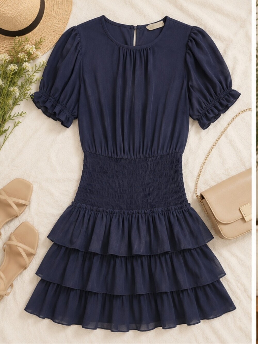 Smocked Waist Navy Ruffle Mini Dress ( #89) - Picture 2 of 11